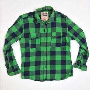 JNCO Crown Brand Mens Large Green Black Buffalo Plaid Flannel Shirt Cotton L